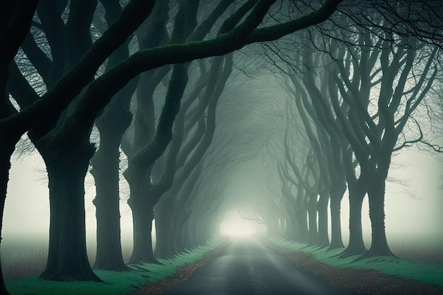 A path in the midst of a foggy grove of trees