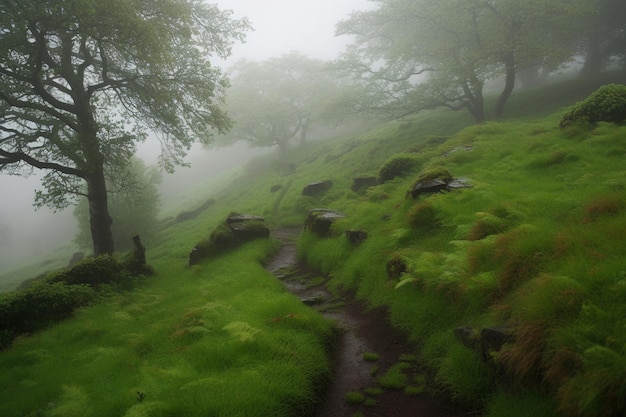 A path in the mist with trees on the left and a path in the foreground.