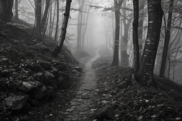 Path in a misty forest bw