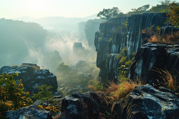 Path in a mountainous area overlooking a beautiful misty valley in the morning rays