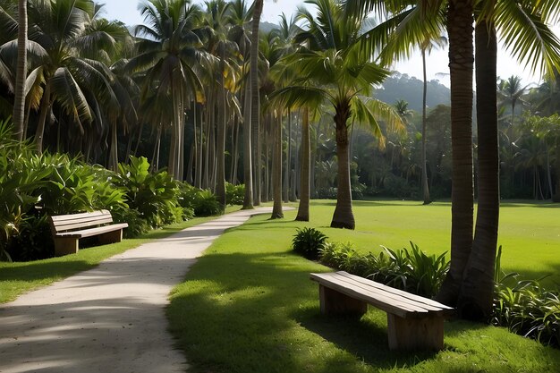 a path between palm trees and a path with a bench and benches