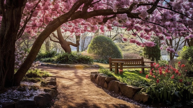 A path in a park with a bench and a tree with pink flowers.
