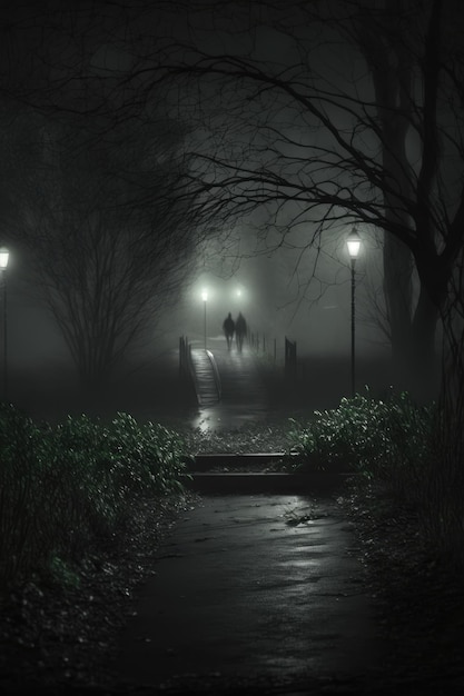 Path in park with street lamps on dark misty rainy night created using generative ai technology