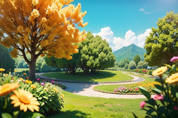 A path in a park with a tree with yellow flowers.