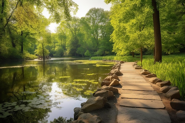 A path in a pond with trees and water in the background