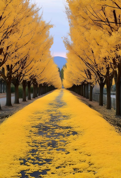 A path of road in yellow leaf of tree