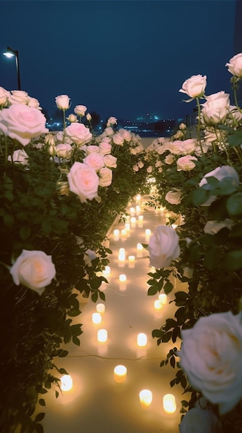 A path of roses with candles on it