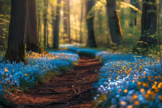 Path in spring forest with flowers