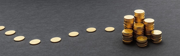 Path to Stacks of Coins on Dark Background with Copy Space