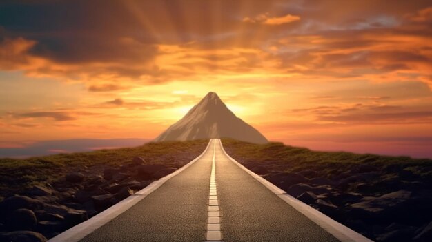 The path to success and achievement in business depicted as a successful journey on a road