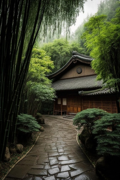 A path through the bamboo forest with a building in the background.