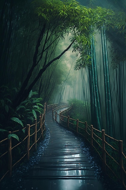 A path through a bamboo forest with a sign that says'the way to the sky '