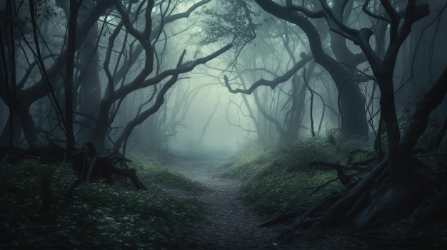 A path through a dark forest with a path leading to the top.