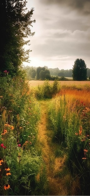 A path through a field of flowers with a sky background