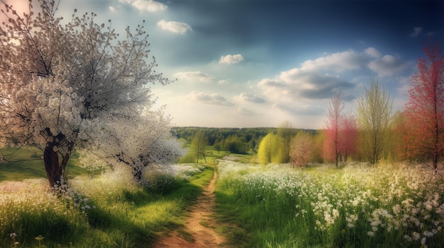 A path through a field of flowers with a tree in the foreground
