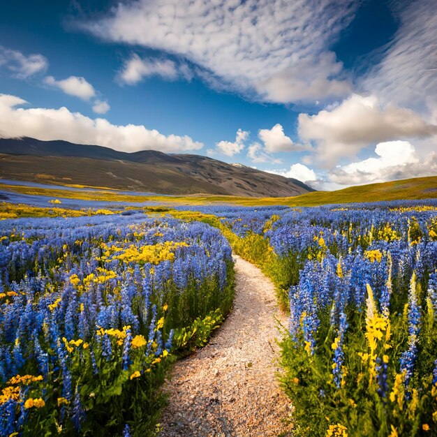 A path through a field of flowers