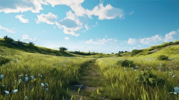 A path through a field of grass with a blue sky in the background.