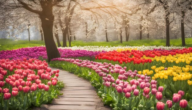 a path through a field of tulips