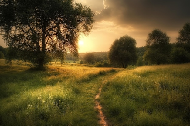 A path through a field with trees and a sunset