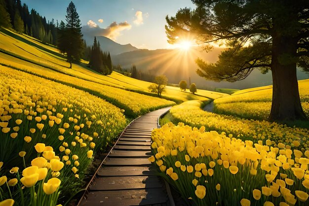 A path through a field of yellow flowers