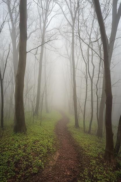 A path through a foggy forest with a path leading to the top.