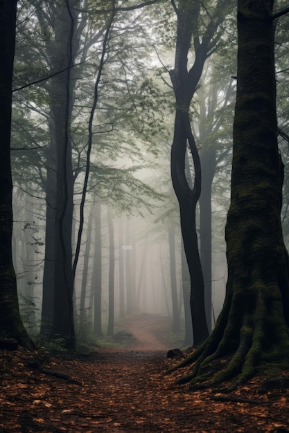 a path through a foggy forest with trees