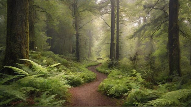 Foto un sentiero attraverso la foresta con felci e felci