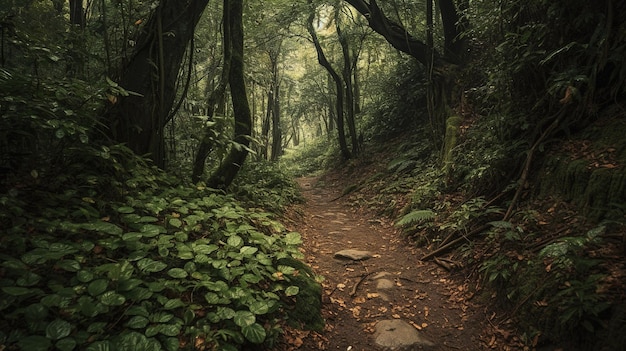 A path through the forest with green leaves and a light on the ground.