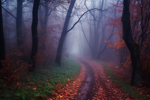 A path through a forest with leaves on it