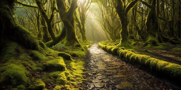 Foto un percorso attraverso una foresta con una luce a terra e gli alberi