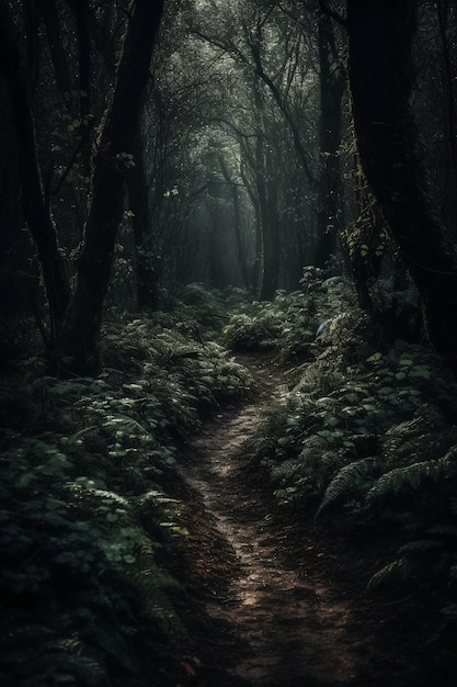 A path through the forest with the light shining on it.