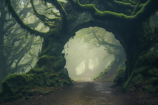 a path through a forest with moss growing on the trees