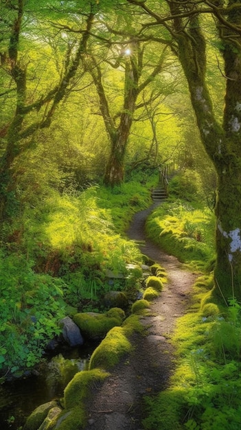 A path through the forest with moss on it