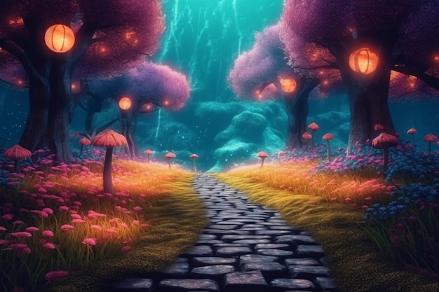 A path through a forest with mushrooms and a lamp with a red lantern on it.