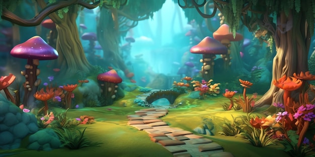 A path through a forest with mushrooms and a mushroom path.