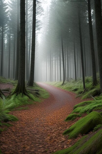 a path through a forest with a path through the fog