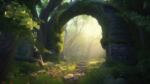 A path through a forest with a stone bridge in the background