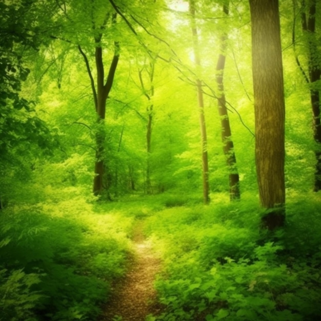 A path through the forest with the sun shining on it