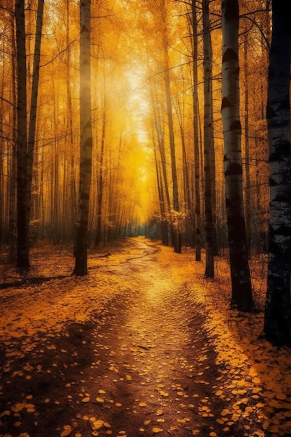 A path through the forest with the sun shining on it.