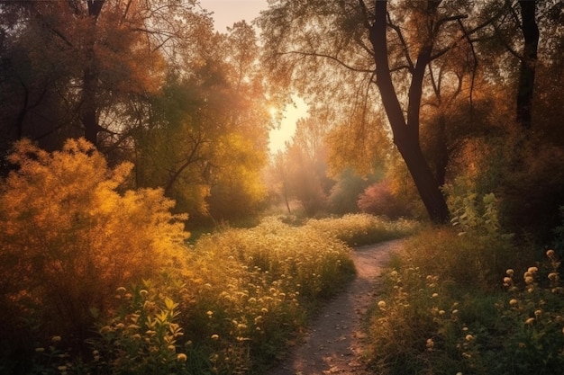 A path through a forest with a sun shining on it