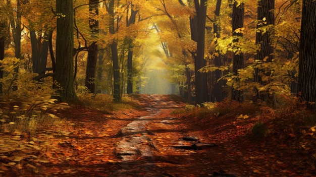 A path through the forest with the sun shining on it.