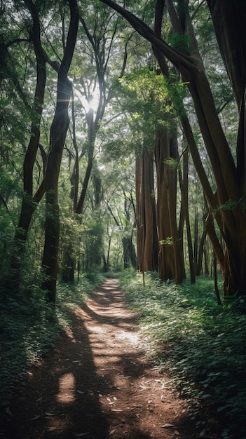 A path through the forest with the sun shining through the trees.