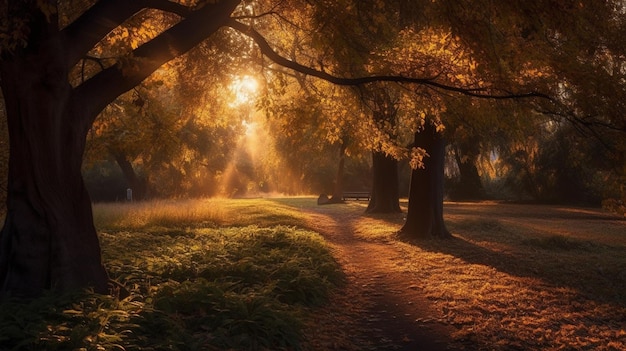 A path through a forest with the sun shining on the trees.