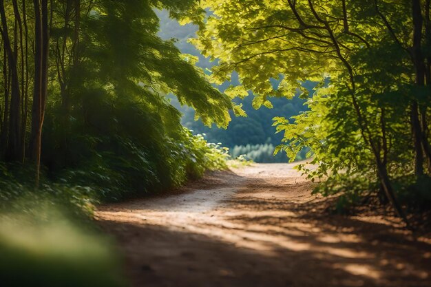 森の中を歩く道前面に木がある