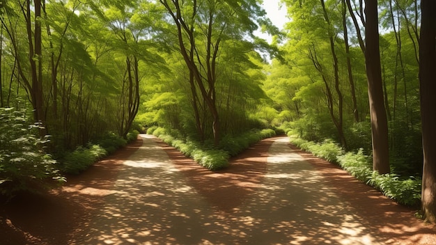 a path through a forest with trees in the background