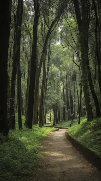 A path through the forest with trees in the foreground