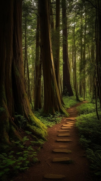 A path through the forest with the trees on the left and the word trail on the right.