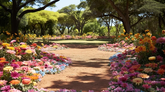 a path through a garden with flowers in bloom