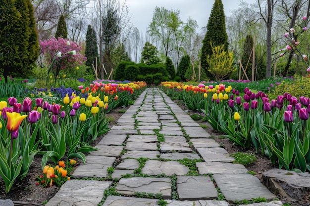 A path through a garden with a variety of flowers including tulips