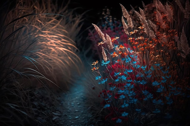 Photo a path through an illuminated colourful wildflower meadow or garden generative ai